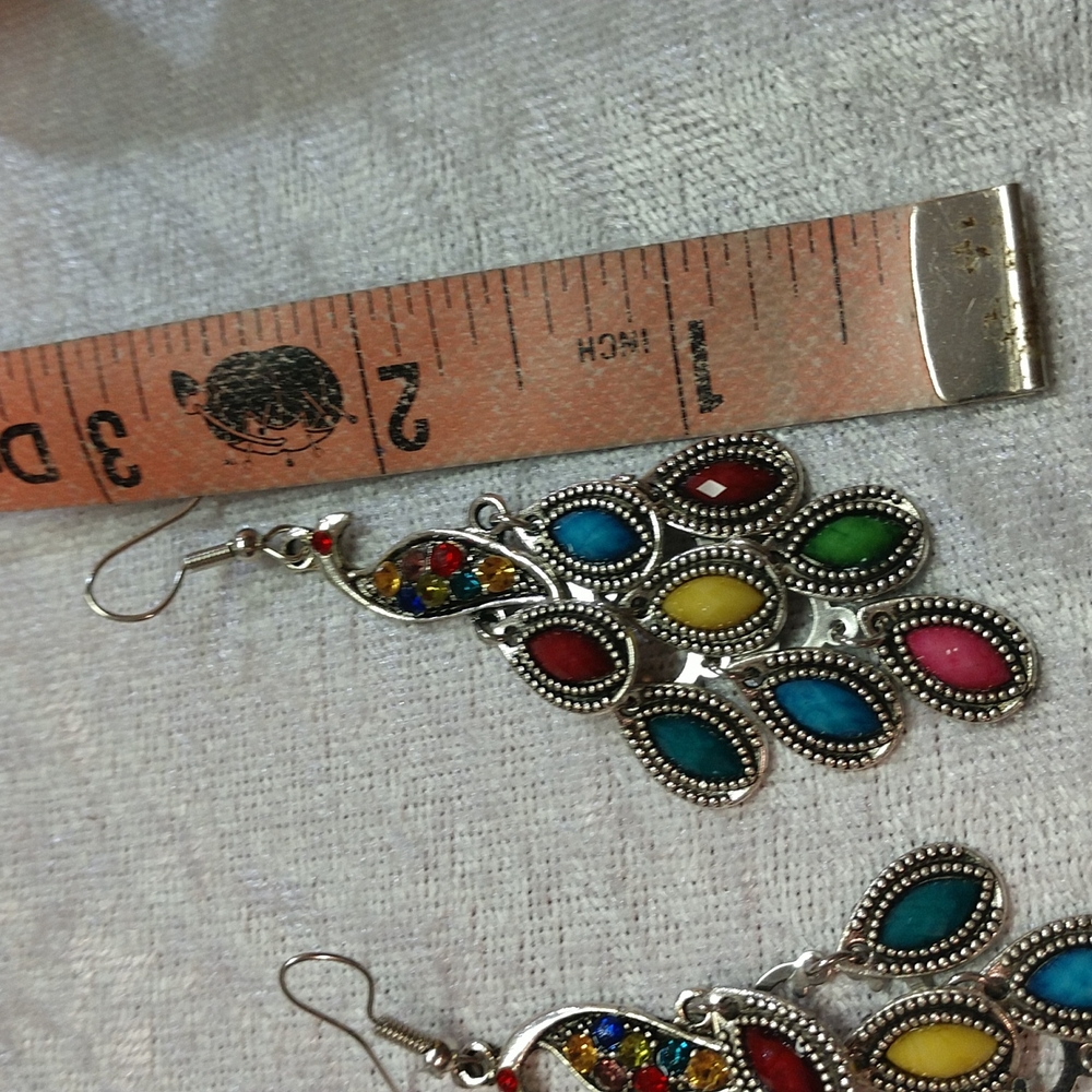 Earrings Peacock 3" Dangle Beaded with Color Rhinestones Lots of Fun Movement - Picture 6 of 6